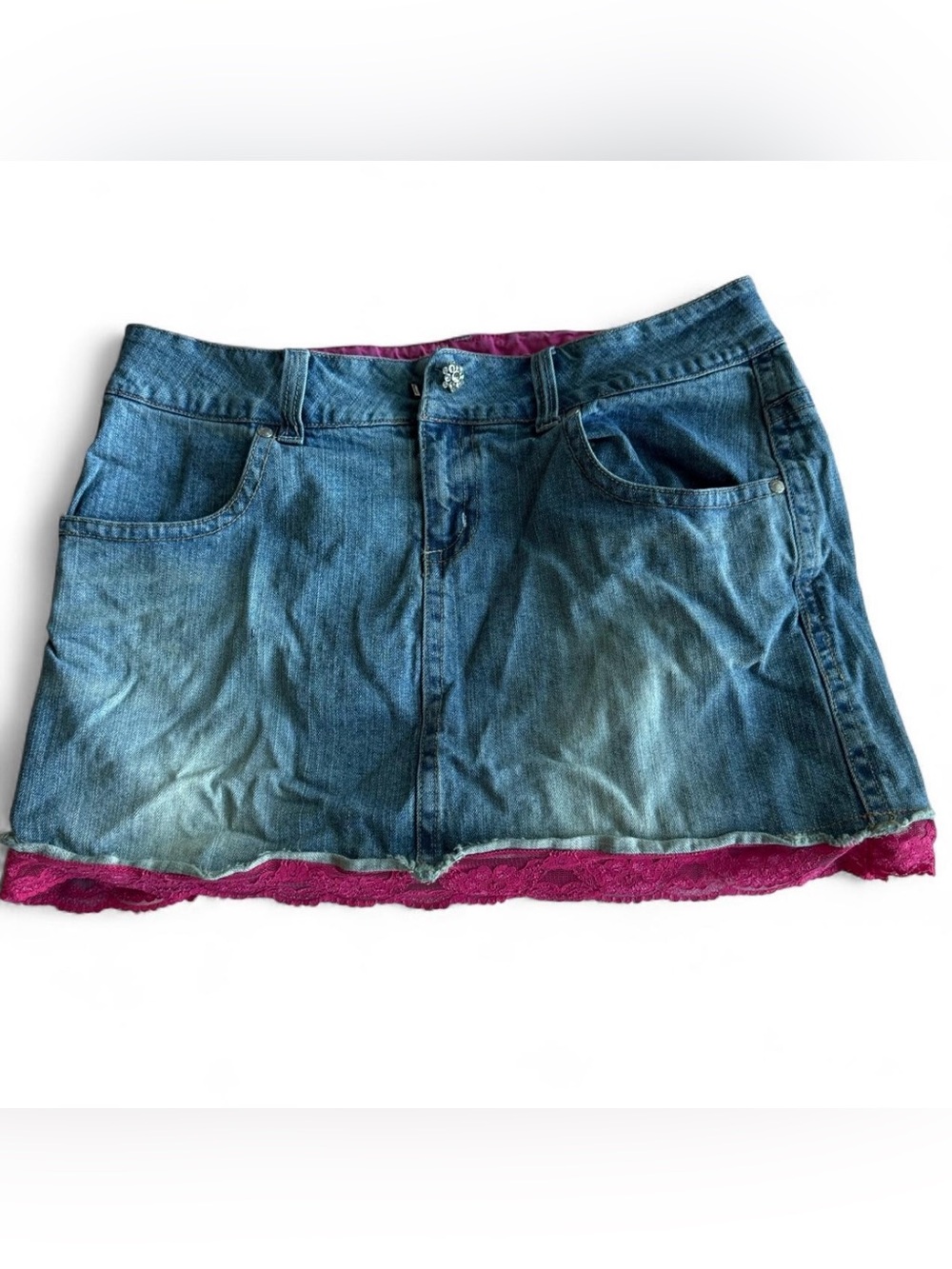Deb jeans vintage y2k denim skirt with lace hot pink trim and bling accents